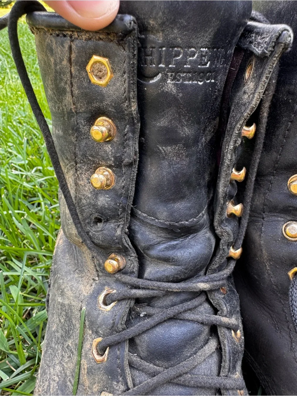 Chippewa Black Leather Work Boots with Maroon Lining